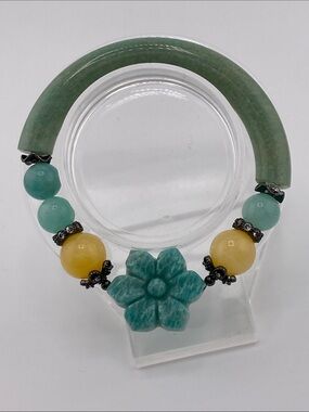 Green Jade & Amazonite Flower Mixed Media Bangle Bracelet